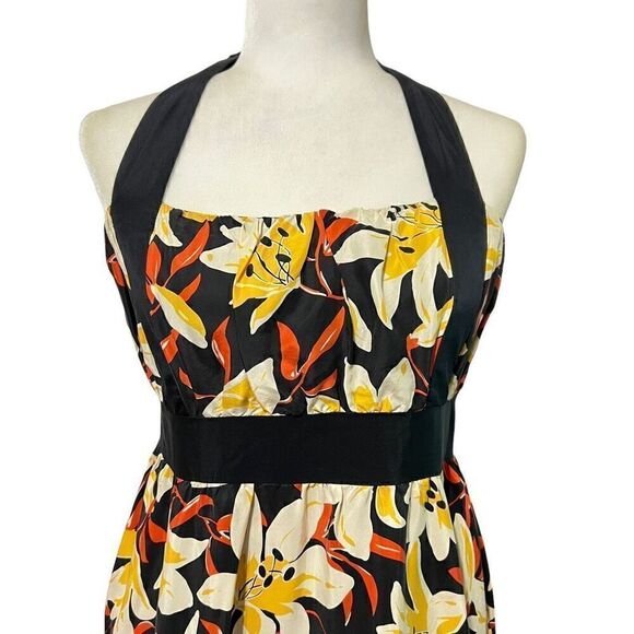 Moulinette Soeurs* Black & Yellow Small Silk Floral Print Halter Neck A-Line Dre - Picture 2 of 13